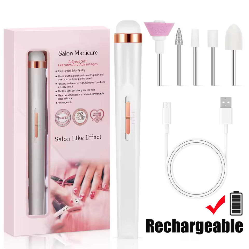 مجموعة مبرد الأظافر الكهربائي المحمول - جهاز تجميل وتنعيم الأظافر بالـ USB مع رؤوس متنوعة