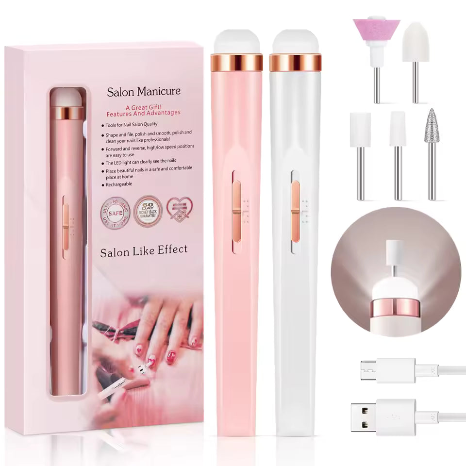مجموعة مبرد الأظافر الكهربائي المحمول - جهاز تجميل وتنعيم الأظافر بالـ USB مع رؤوس متنوعة